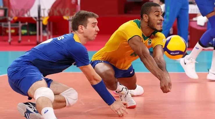 Brazil menâs volleyball team returns the ball. (Getty)