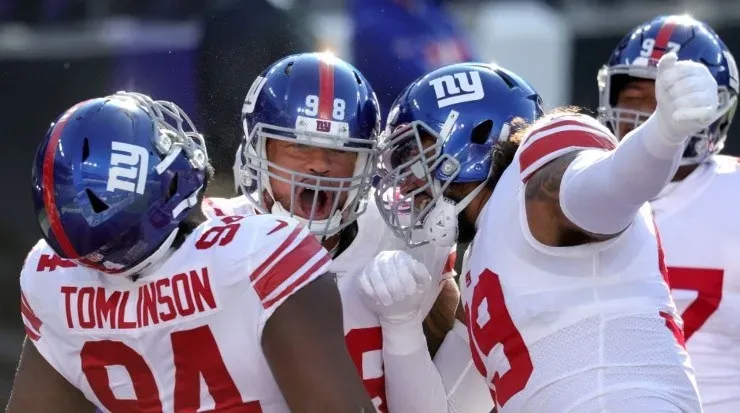 New York Giants players celebration after a touchdown in the 2020 season.