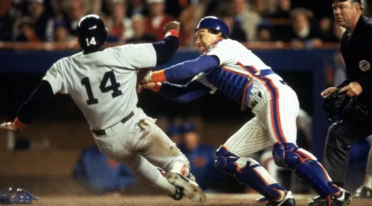 Gary Carter #8 of the New York Mets tags out Jim Rice #14 of the Boston Red Sox (Getty)