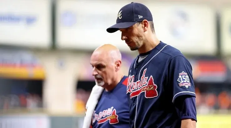 Charlie Morton #50 of the Atlanta Braves is taken out of the game against the Houston Astros during the third inning in Game One of the World Series (Getty Images)
