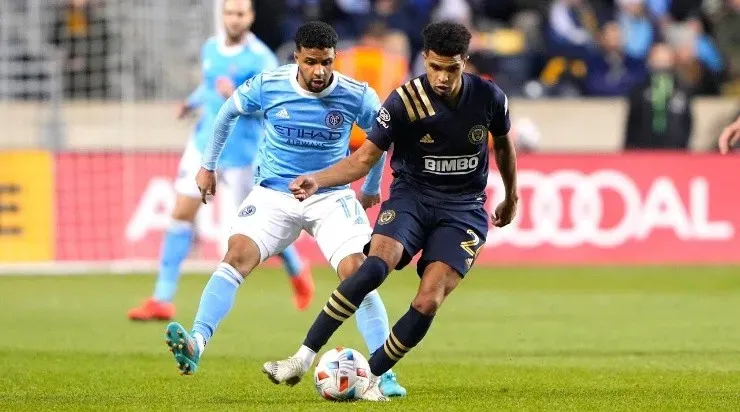 Philadelphia Union Defender Nathan Harriel (26) dribbles the ball with New York City FC Forward Ismael Tajouri-Shradi (17) (Getty Images)