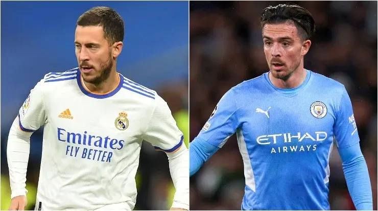 Eden Hazard of Real Madrid and Jack Grealish of Manchester City. (Denis Doyle & Pedro Salado/Getty Images)