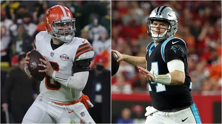 Baker Mayfield (left) and Sam Darnold will compete for the Panthers’ job. (Stacy Revere – Mike Ehrmann/Getty Images)