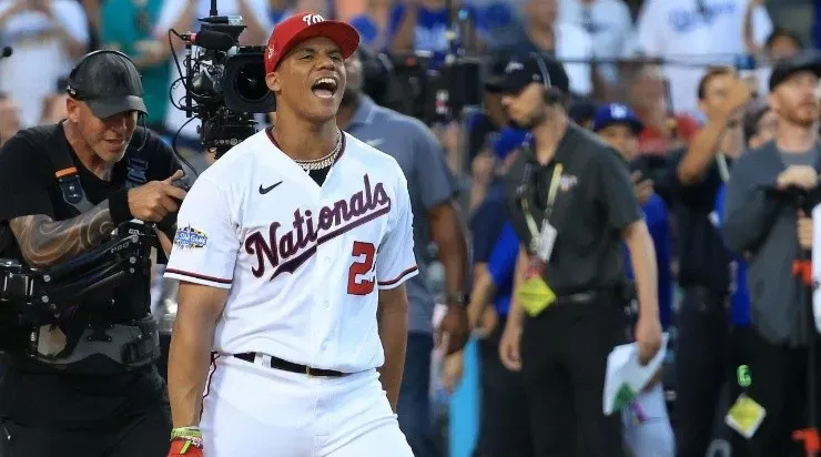 Juan Soto #22 of the Washington Nationals celebrates after winning the 2022 T-Mobile Home Run Derby at Dodger Stadium on July 18, 2022 in Los Angeles, California. (Photo by Sean M. Haffey/Getty Images)