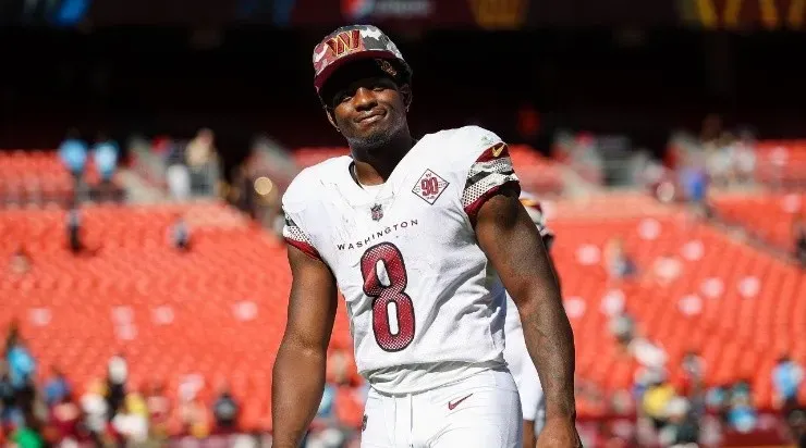Brian Robinson #8 of the Washington Commanders looks on after the preseason game against the Carolina Panthers (Photo by Scott Taetsch/Getty Images)
