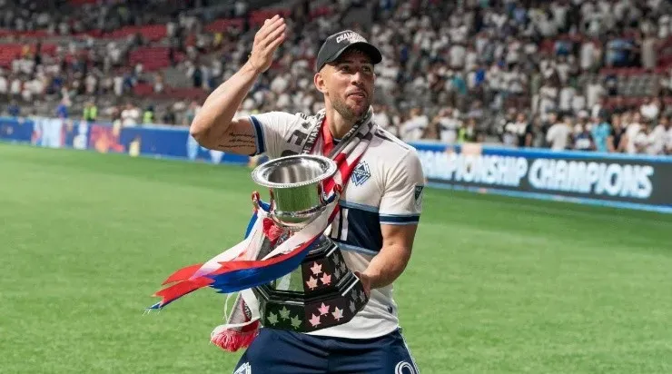Lucas Cavallini #9 of the Vancouver Whitecaps FC celebrates with the team’s supporters after defeating Toronto FC to win the 2022 Canadian Championship Final at BC Place on July 26, 2022 in Vancouver, British Columbia. (Photo by Rich Lam/Getty Images)