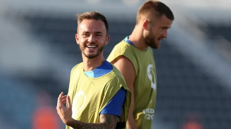 James Maddison of England reacts during the England Training Session on match day -1 at Al Wakrah Stadium on November 28, 2022 in Doha, Qatar. (Photo by Alex Pantling/Getty Images)