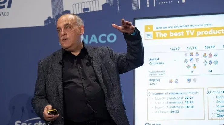 Javier Tebas, La Liga president give a speech during the Sportel convention on October 06, 2021 in Monaco, Monaco. (Photo by Arnold Jerocki/Getty Images For Sportel)