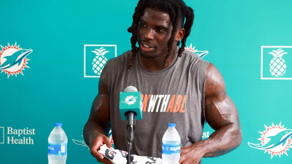 MIAMI GARDENS, FLORIDA – JULY 26: Tyreek Hill #10 of the Miami Dolphins speaks to the media after training camp practice at Baptist Health Training Complex on July 26, 2023 in Miami Gardens, Florida. (Photo by Megan Briggs/Getty Images)