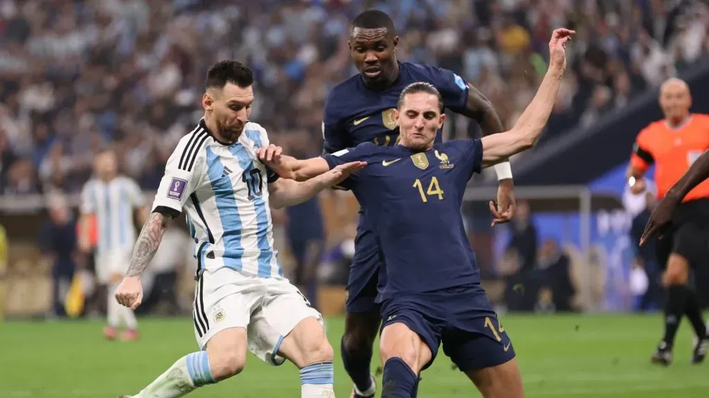 Lionel Messi against Adrien Rabiot in the 2022 World Cup final in Qatar. (Clive Brunskill/Getty Images)