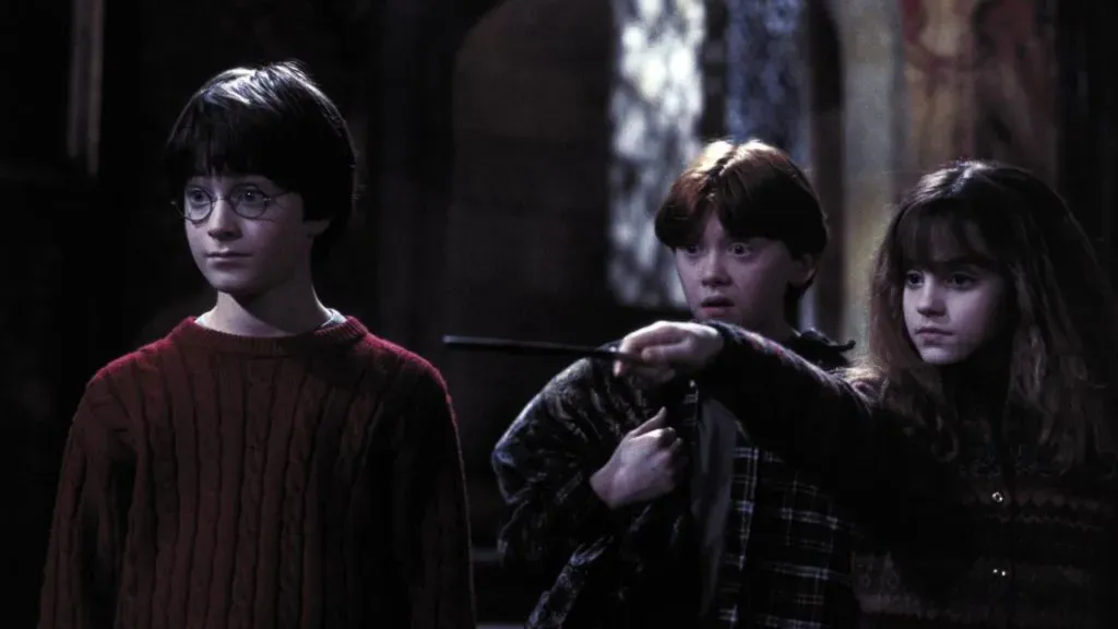 Rupert Grint, Daniel Radcliffe and Emma Watson in Harry Potter and the Sorcerer's Stone.