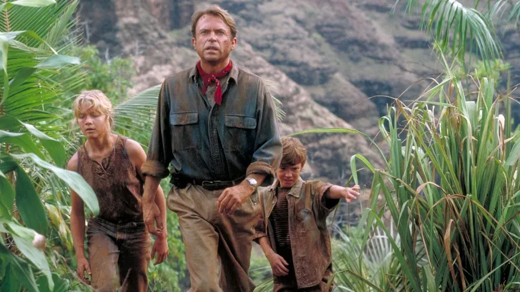 Sam Neill, Ariana Richards and Joseph Mazzello in Jurassic Park.