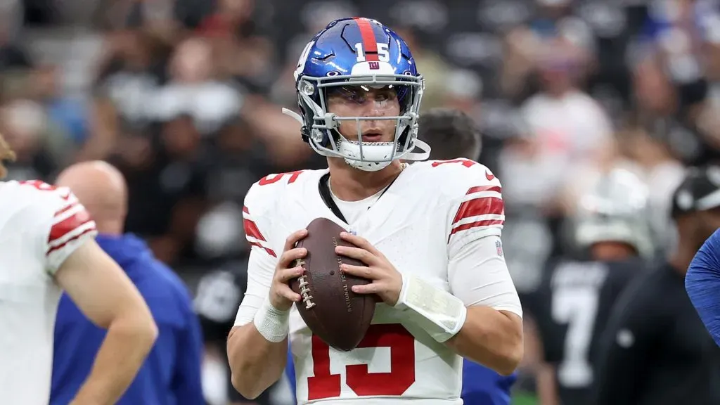 Tommy DeVito prior to the Giants vs. Raiders game in Week 9 of the 2023 NFL season