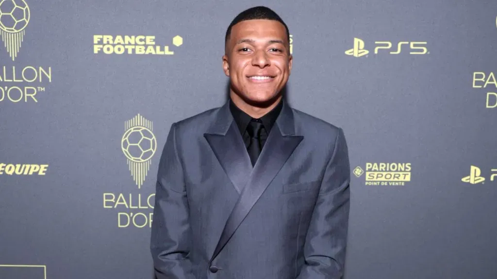 Kylian Mbappe poses at the 2023 Ballon d’Or red carpet