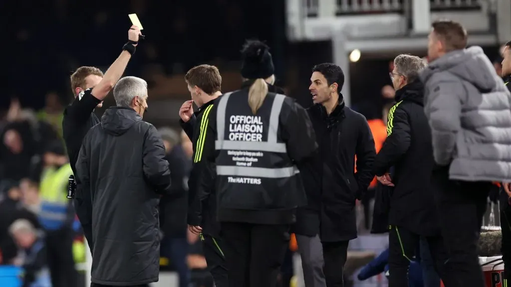 Mikel Arteta, manager of Arsenal receives a yellow card from referee Samuel Barrott for “excessive celebrating” Declan Rice’s game-winning goal against Luton Town.