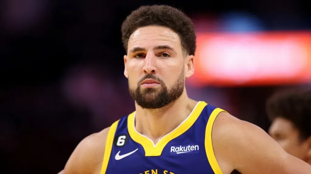 Klay Thompson looks on during a Warriors game.