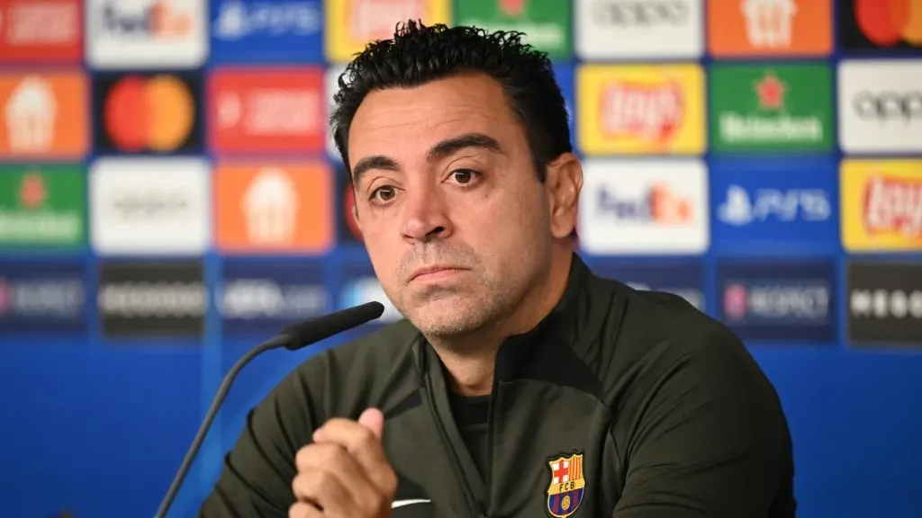 Xavi Hernández, head coach of FC Barcelona talks with the media during a press conference.