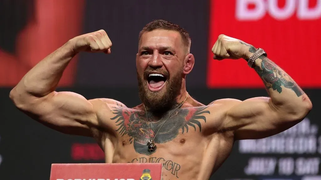 Conor McGregor poses during a ceremonial weigh in for UFC 264 at T-Mobile Arena on July 09, 2021 in Las Vegas, Nevada.