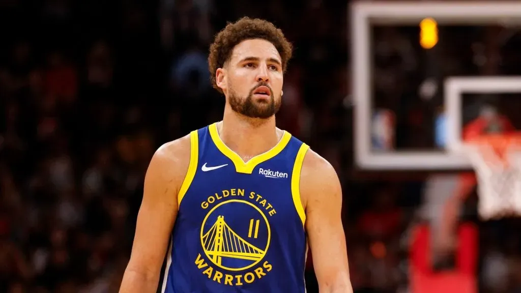 Klay Thompson of the Golden State Warriors stands on the court in the second half against the Houston Rockets at Toyota Center on October 29, 2023 in Houston, Texas.