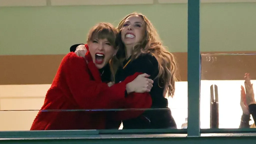 Taylor Swift and Brittany Mahomes react in a suite during the game between the Kansas City Chiefs and the Green Bay Packers at Lambeau Field on December 03, 2023 in Green Bay, Wisconsin.