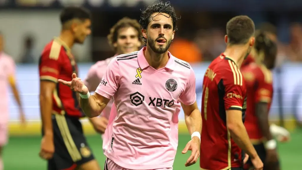 Leonardo Campana #9 of Inter Miami CF celebrates after scoring a goal during the first half against Atlanta United at Mercedes-Benz Stadium on September 16, 2023 in Atlanta, Georgia. (Photo by Michael Zarrilli/Getty Images)