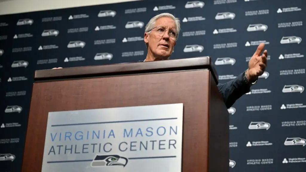 Former Seattle Seahawks head coach Pete Carroll speaks at the Seattle Seahawks press conference at Virginia Mason Athletic Center on January 10, 2024 in Renton, Washington.