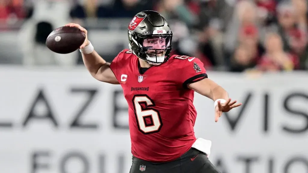 Baker Mayfield #6 of the Tampa Bay Buccaneers throws a pass against the Philadelphia Eagles during the third quarter in the NFC Wild Card Playoffs at Raymond James Stadium on January 15, 2024 in Tampa, Florida.