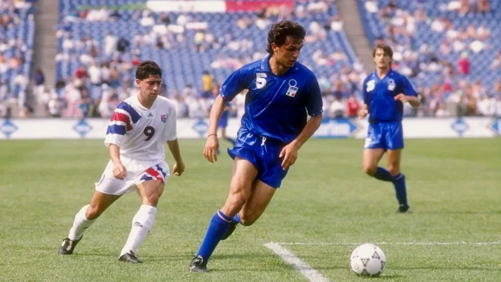 Tab Ramos of the USA and P. Maldini of Italy run down the field during a game at Soldier Field in Chicago, Illinois. Mandatory Credit: Jonathan Daniel /Allsport