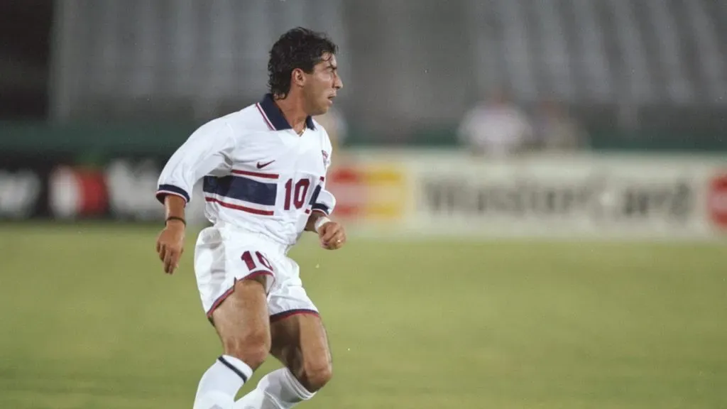 Tab Ramos of the United States moves the ball during a game against El Salvador at the Los Angeles Coliseum in Los Angeles, California. USA won the game, 3-1. Mandatory Credit: Stephen Dunn /Allsport