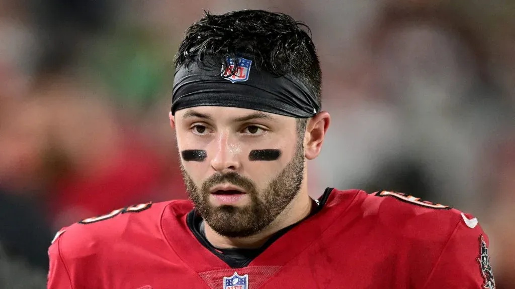 Baker Mayfield #6 of the Tampa Bay Buccaneers looks on against the Philadelphia Eagles during the second quarter in the NFC Wild Card Playoffs at Raymond James Stadium on January 15, 2024 in Tampa, Florida.