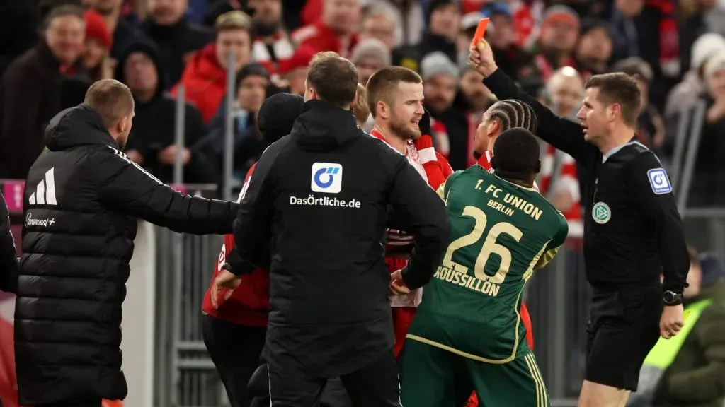 Nenad Bjelica, Head Coach of 1.FC Union Berlin, (not pictured) is shown a red card during the Bundesliga match between FC Bayern München and 1. FC Union Berlin at Allianz Arena on January 24, 2024 in Munich, Germany.
