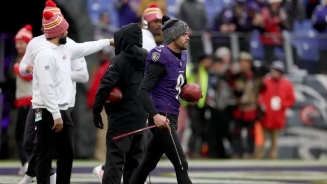 Justin Tucker #9 of the Baltimore Ravens warms up prior to the AFC Championship Game against the Kansas City Chiefs at M&T Bank Stadium on January 28, 2024 in Baltimore, Maryland.