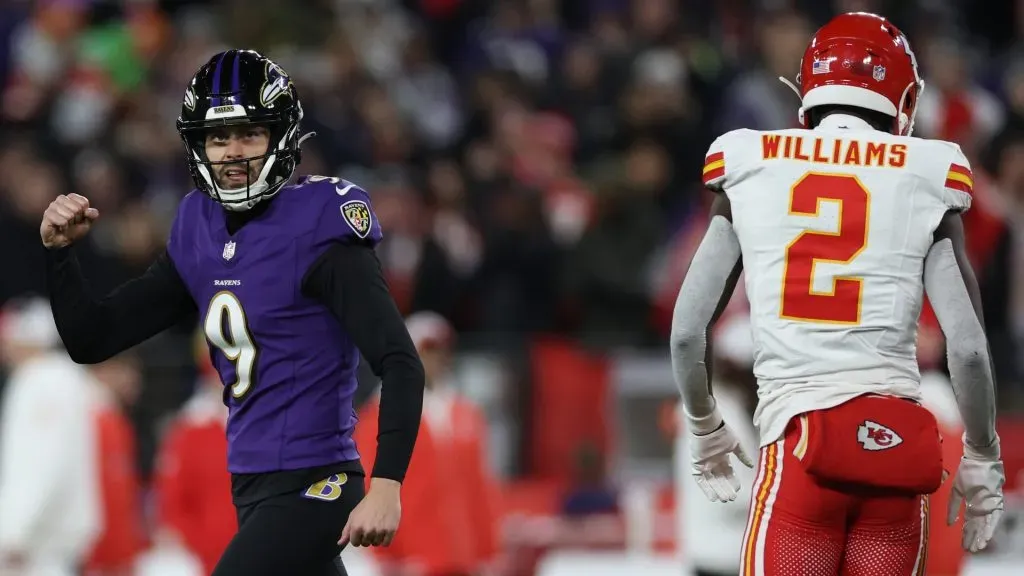 Justin Tucker #9 of the Baltimore Ravens celebrates a fourth quarter field goal against the Kansas City Chiefs in the AFC Championship Game at M&T Bank Stadium on January 28, 2024 in Baltimore, Maryland.
