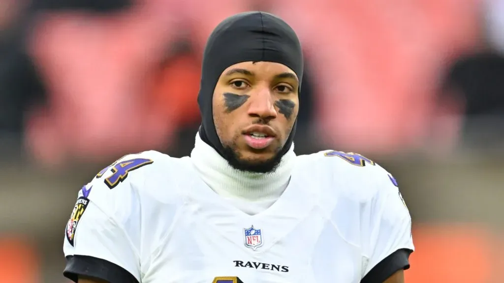 Marlon Humphrey #44 of the Baltimore Ravens looks on prior to the game against the Cleveland Browns at FirstEnergy Stadium on December 17, 2022 in Cleveland, Ohio.