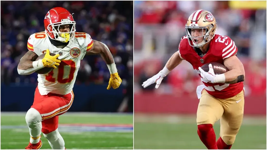 Isiah Pacheco (left) and Christian McCaffrey