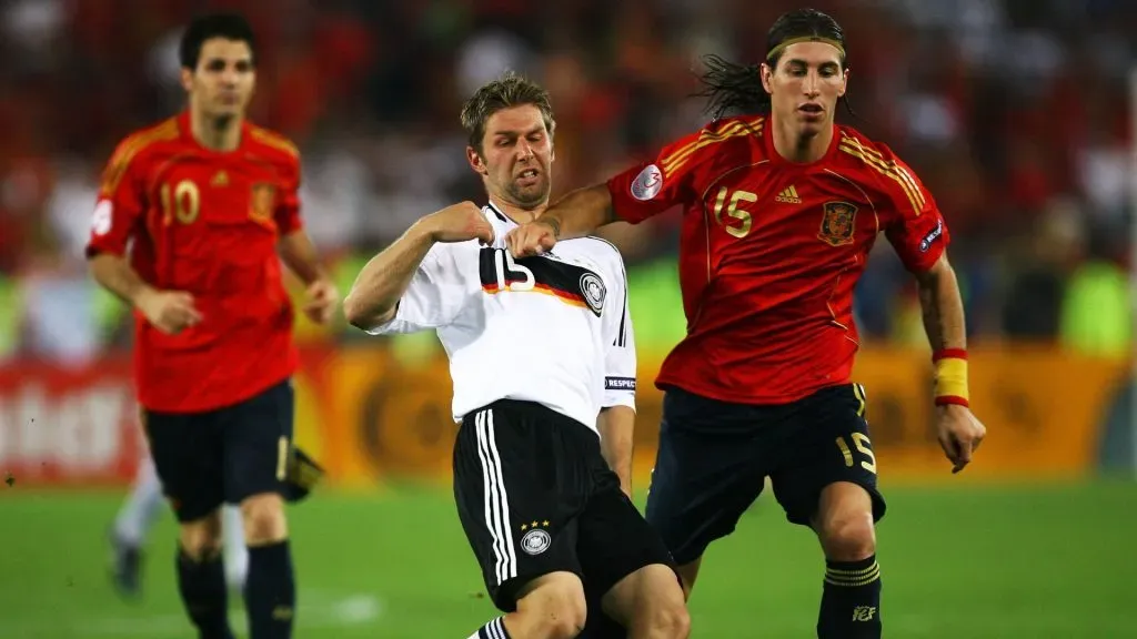 Thomas Hitzlsperger of Germany is challenged by Sergio Ramos of Spain during the UEFA EURO 2008 Final match between Germany and Spain at Ernst Happel Stadion on June 29, 2008 in Vienna, Austria.