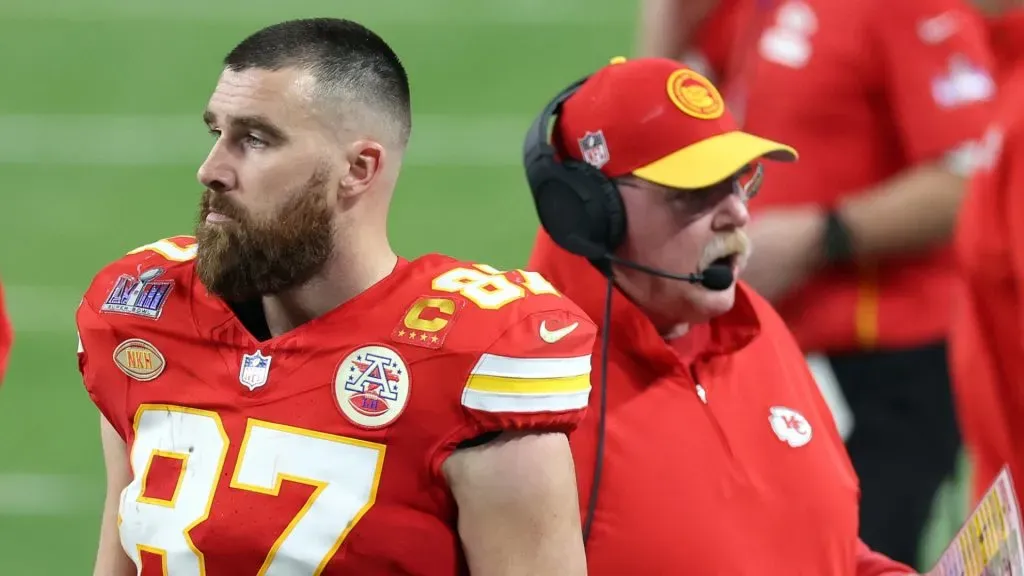 Travis Kelce #87 and Head coach Andy Reid of the Kansas City Chiefs look on in the second quarter against the San Francisco 49ers during Super Bowl LVIII at Allegiant Stadium on February 11, 2024 in Las Vegas, Nevada.
