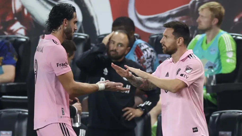 Lionel Messi #10 of Inter Miami CF replaces Leonardo Campana #9 in the second half during a match between Inter Miami CF and New York Red Bulls at Red Bull Arena on August 26, 2023 in Harrison, New Jersey.