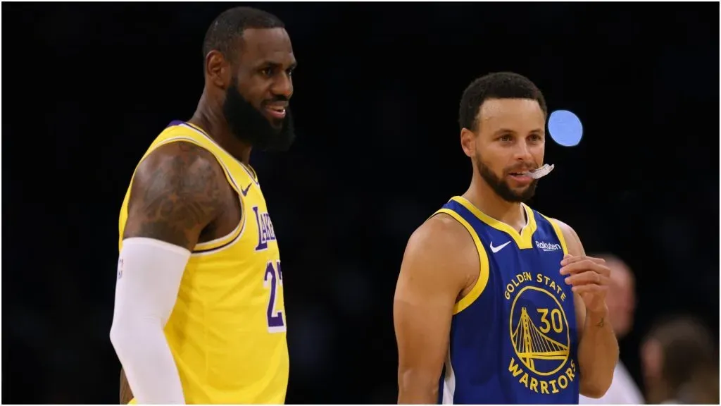 LeBron James #23 of the Los Angeles Lakers and Stephen Curry #30 of the Golden State Warriors