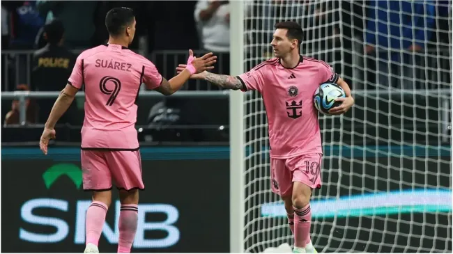 Lionel Messi of Inter Miami celebrates with Luis Suarez – Yasser Bakhsh/Getty Images