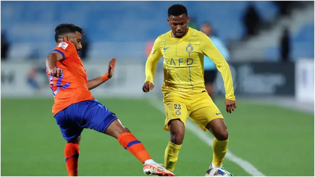 Aiman Yahya of Al Nassr is challenged by Mohammed Al Baqawi of Al Fayha – Yasser Bakhsh/Getty Images