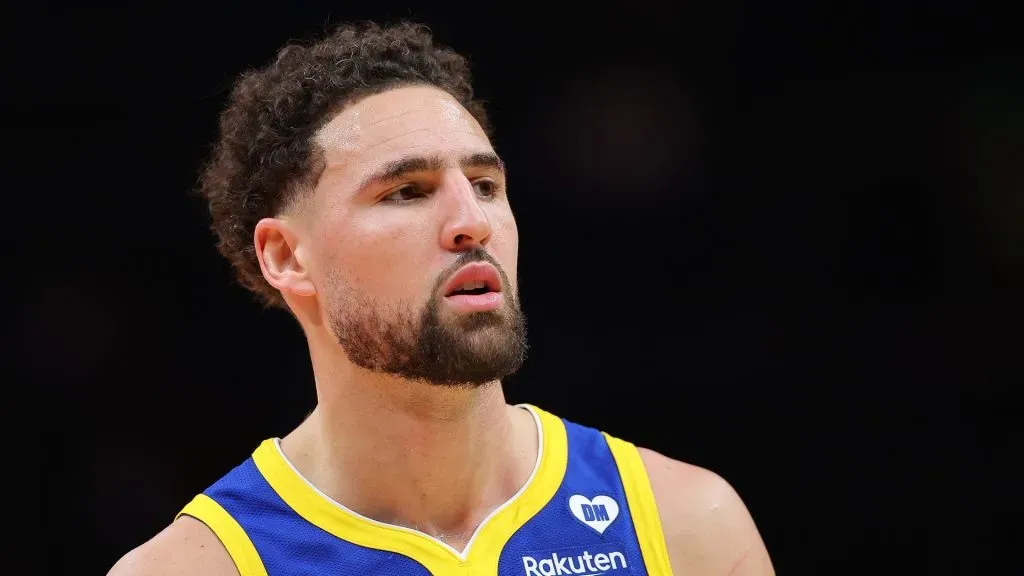 Klay Thompson looks on during a game.