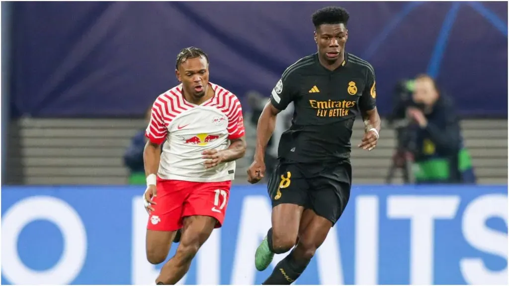 Lois Openda of RB Leipzig (L) andAurelien Tchouameni of Real Madrid (R) β IMAGO / SOPA Images