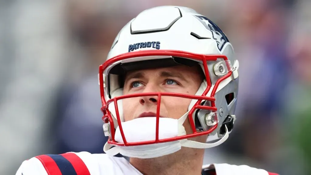 Mac Jones looks on prior to the game against the New York Giants.