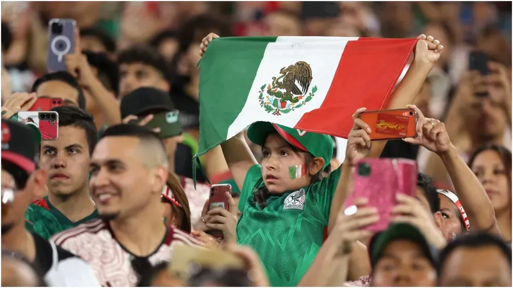 A young fan of Mexico holds a flag