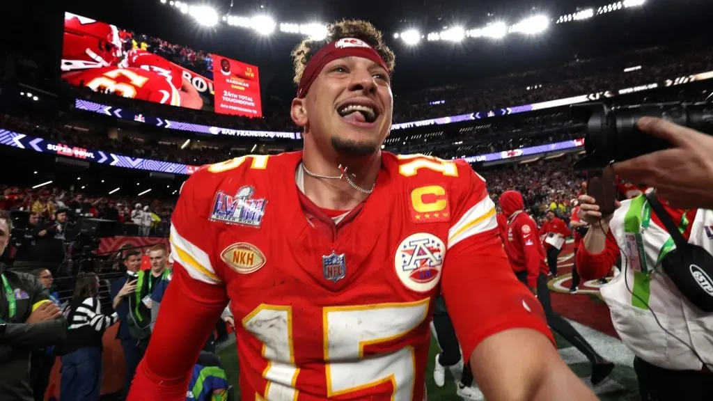 Patrick Mahomes #15 of the Kansas City Chiefs celebrates after defeating the San Francisco 49ers 25-22 d during Super Bowl LVIII at Allegiant Stadium on February 11, 2024 in Las Vegas, Nevada.