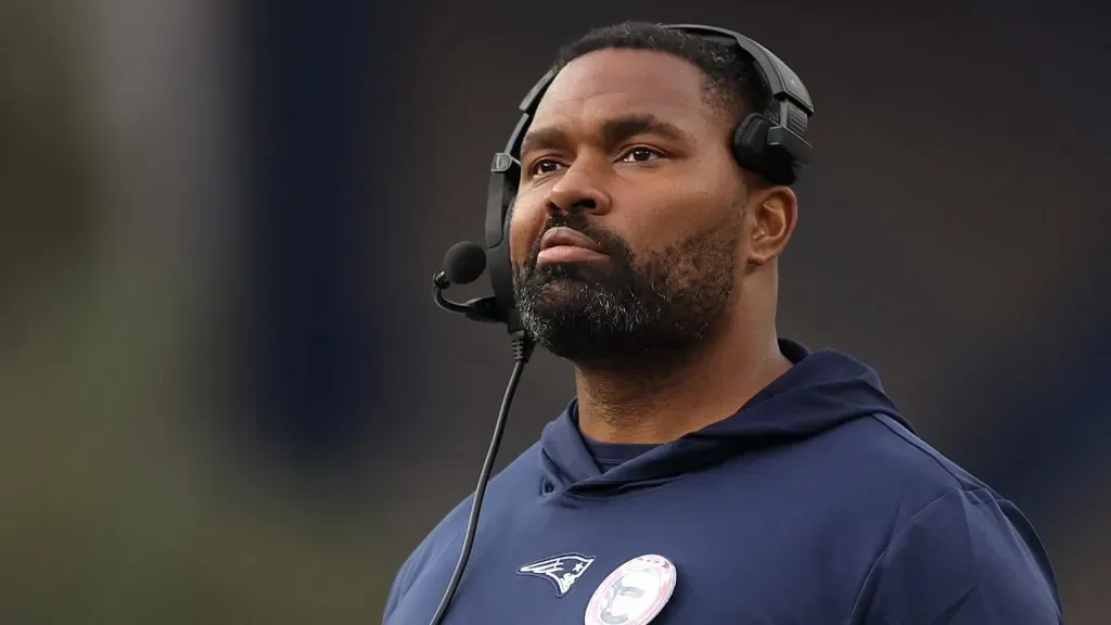 Jerod Mayo looks on during the game against the Washington Commanders at Gillette Stadium on November 05, 2023 in Foxborough, Massachusetts.