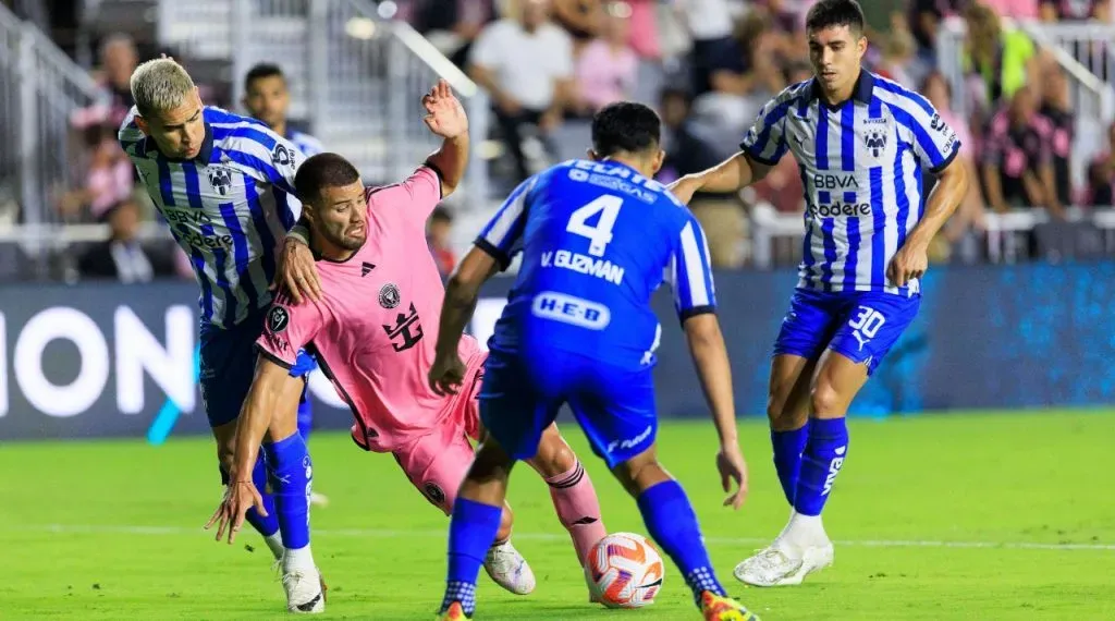 Sergio Busquets 57 of the Inter Miami is brought down by 2 Blake Corum, RB of the Monterrey CF during the Quarterfinals of the Champions Cup game on Wednesday April 3, 2024 at the Chase Stadium in Fort Lauderdale, Florida. Inter Miami loses to Monterrey, 1-2. JAVIER ROJAS/PI Fort Lauderdale