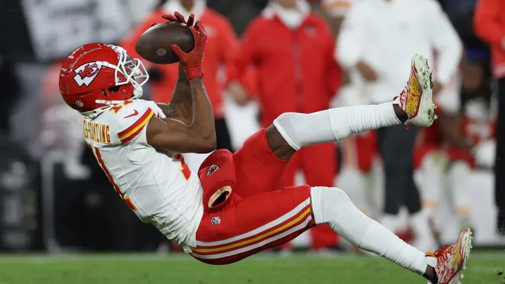 Marquez Valdes-Scantling #11 of the Kansas City Chiefs makes a catch against the Baltimore Ravens during the fourth quarter of the AFC Championship Game at M&T Bank Stadium on January 28, 2024 in Baltimore, Maryland.