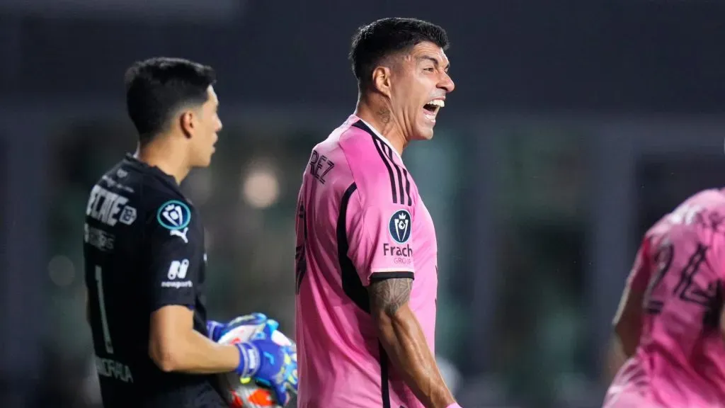 Luis SuĂĄrez #9 of Inter Miami reacts after a play during the first half against Monterrey in the quarterfinals of the Concacaf Champions Cup - Leg One at Chase Stadium on April 03, 2024 in Fort Lauderdale, Florida.